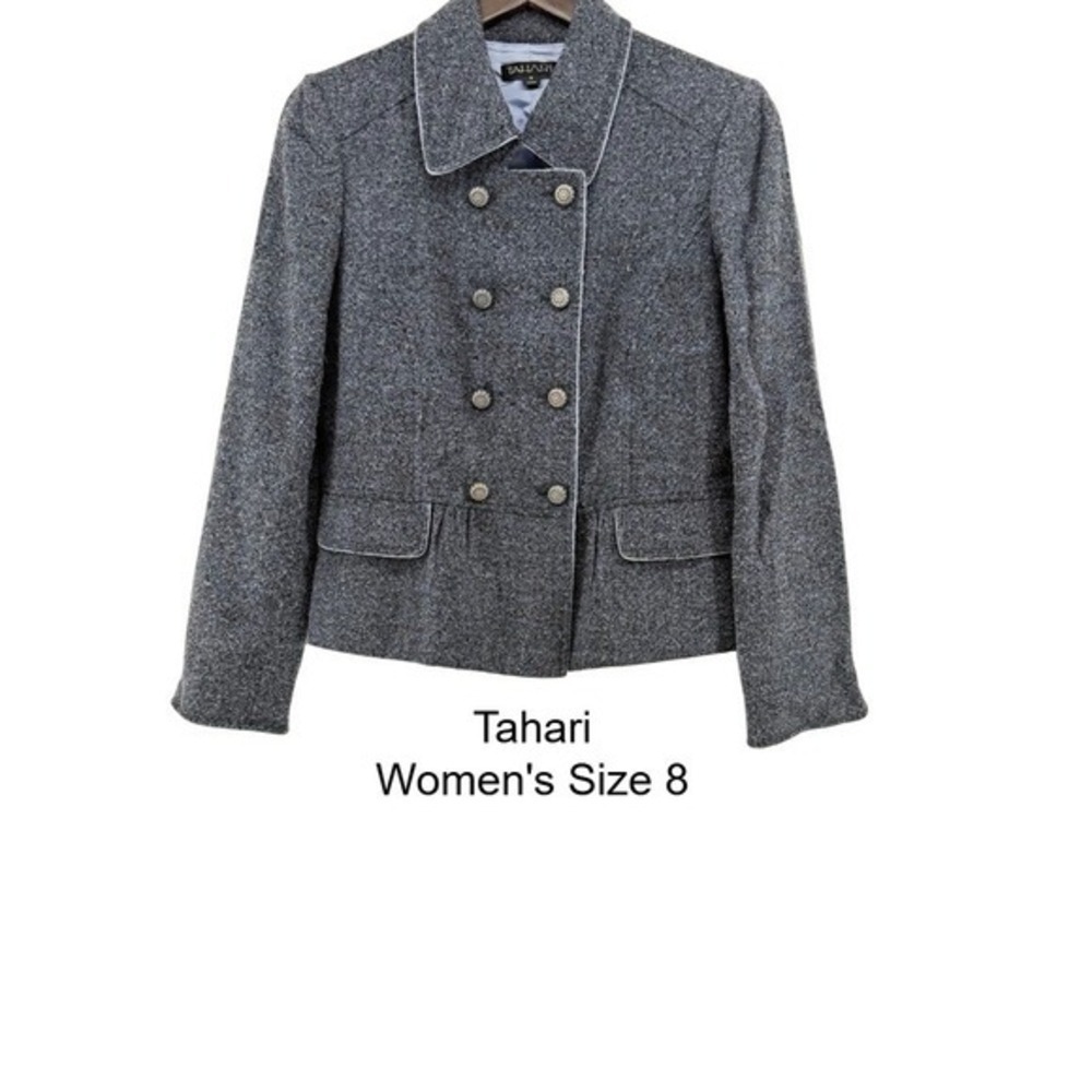 Tahari Womens Grey Tweed Double Breasted‎ Peplum Jacket Blue Piping Size 8